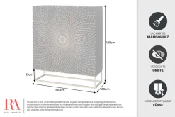 Design Highboard ILLUSION 120cm schwarz Mangoholz Massivholz mit 3D Schnitzereien gold Eisen Metallgestell