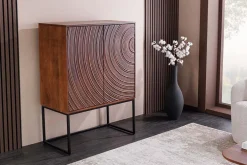 Design Highboard ORBIT 120cm braun Mangoholz mit 3D-Front schwarz Metall