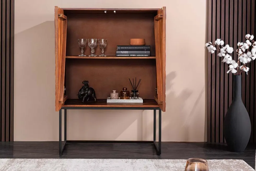 Design Highboard ORBIT 120cm braun Mangoholz mit 3D-Front schwarz Metall