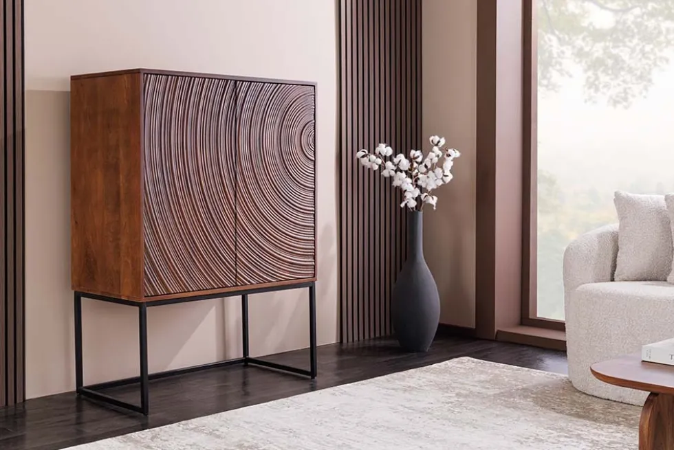 Design Highboard ORBIT 120cm braun Mangoholz mit 3D-Front schwarz Metall