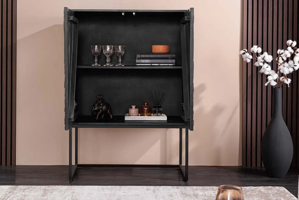 Design Highboard ORBIT 120cm schwarz Mangoholz mit 3D-Front Metall