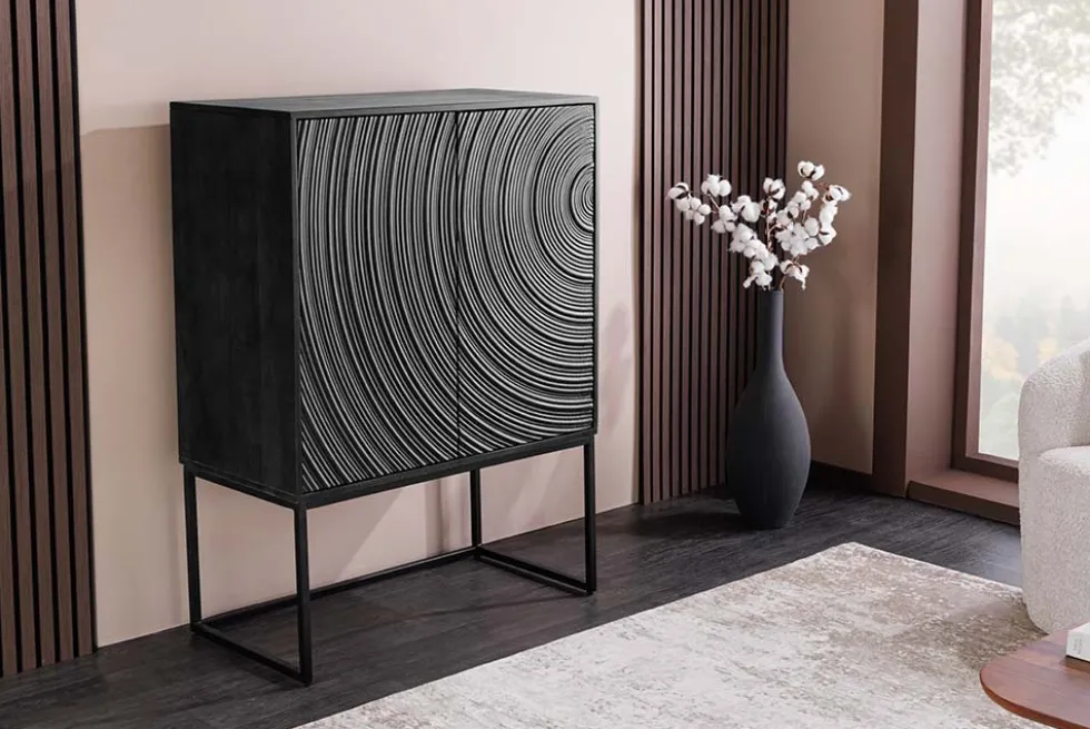 Design Highboard ORBIT 120cm schwarz Mangoholz mit 3D-Front Metall