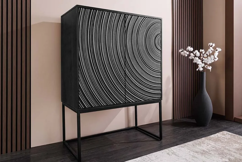 Design Highboard ORBIT 120cm schwarz Mangoholz mit 3D-Front Metall