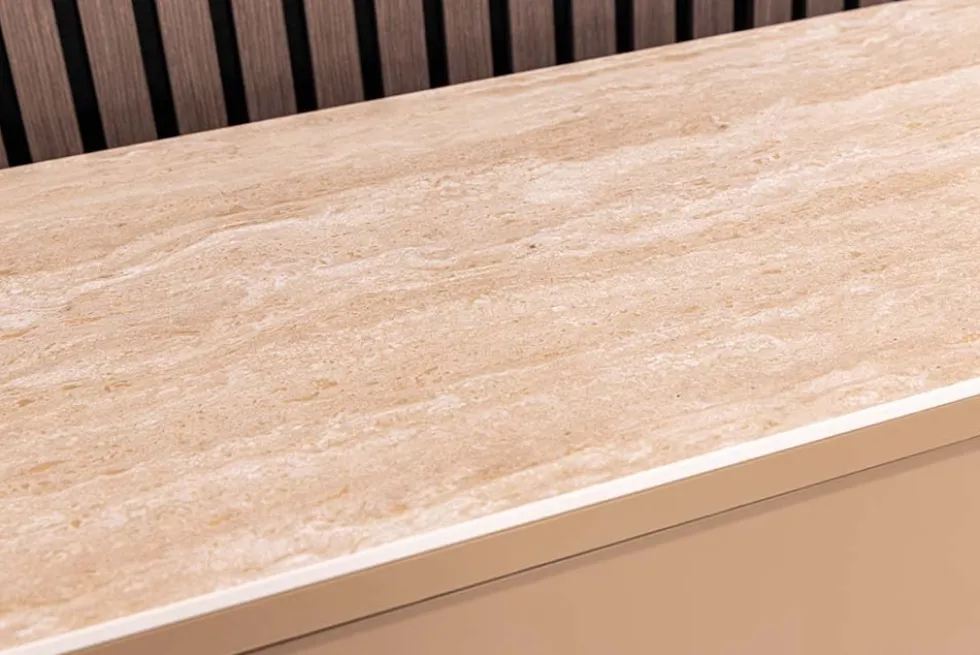 Design Highboard SAVOY 130cm grau beige greige Travertin Keramik Stauraum 3D-Front