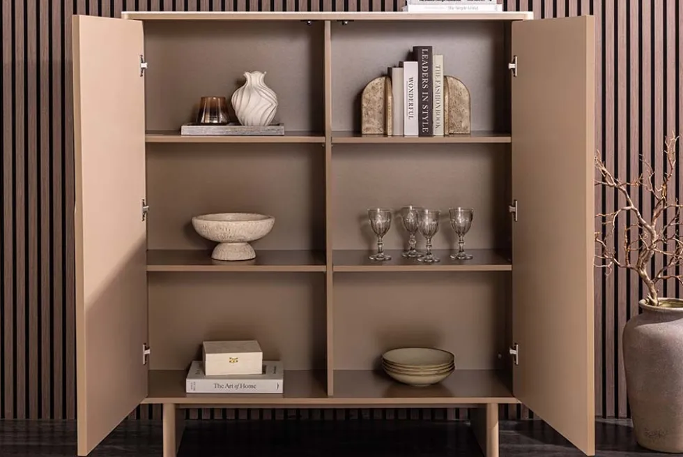 Design Highboard SAVOY 130cm grau beige greige Travertin Keramik Stauraum 3D-Front