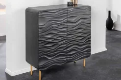 Design Highboard WAVE 120cm schwarz Mangoholz mit 3D Schnitzereien mattgold Metallbeine
