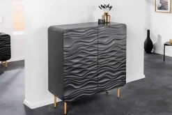 Design Highboard WAVE 120cm schwarz Mangoholz mit 3D Schnitzereien mattgold Metallbeine