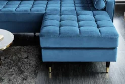 Design Hocker COZY VELVET 80cm petrol blau gold Samt Metallfüße