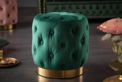 Design Hocker MODERN BAROCK 40cm dunkelgrün gold Samt Chesterfield