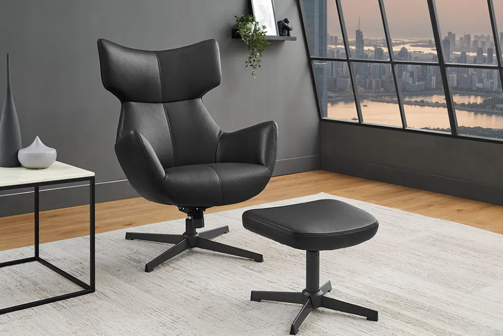 Design Hocker VOGUE 45cm schwarz Kunstleder drehbar Metallbeine Fußhocker