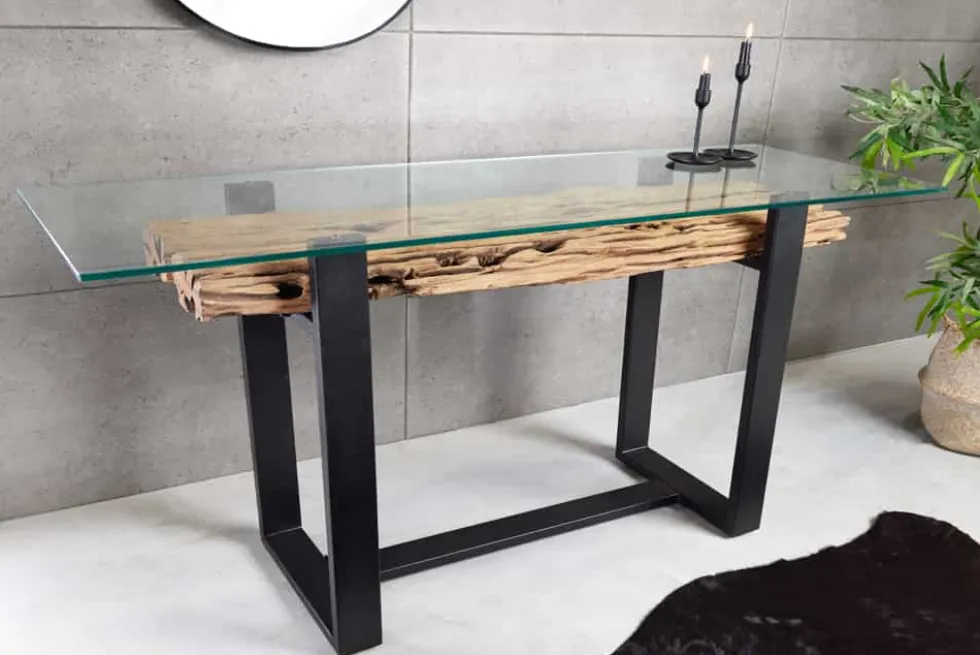 Design Konsolentisch BARRACUDA 150cm recyceltes Teakholz Glas Industrial