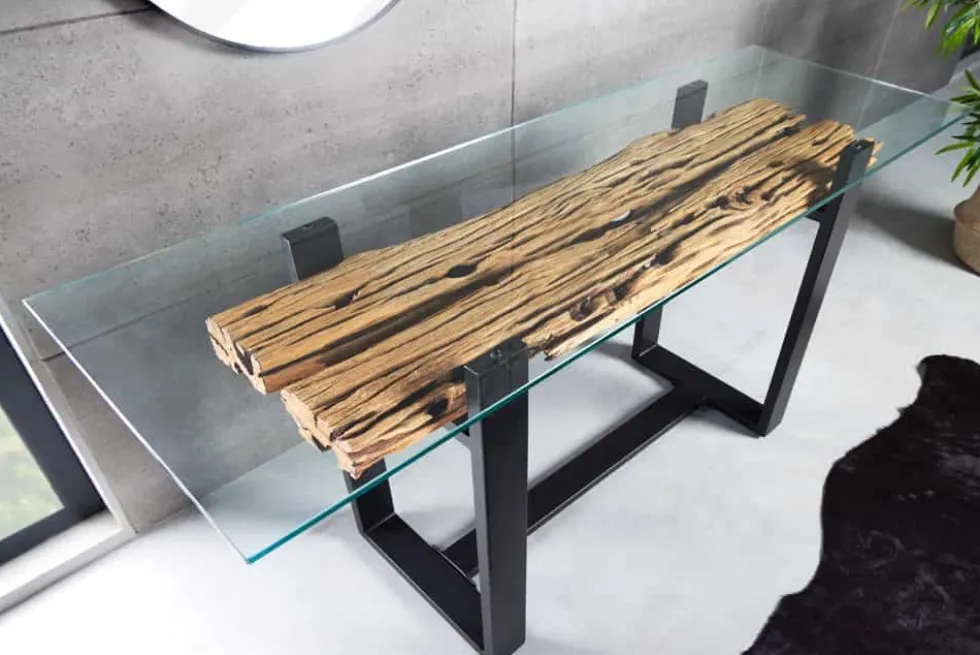 Design Konsolentisch BARRACUDA 150cm recyceltes Teakholz Glas Industrial