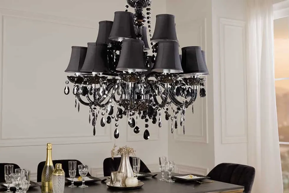 Design Kronleuchter BLACK CRYSTAL XL 80cm schwarz Acryl 15-armig Lüster mit Schirmen