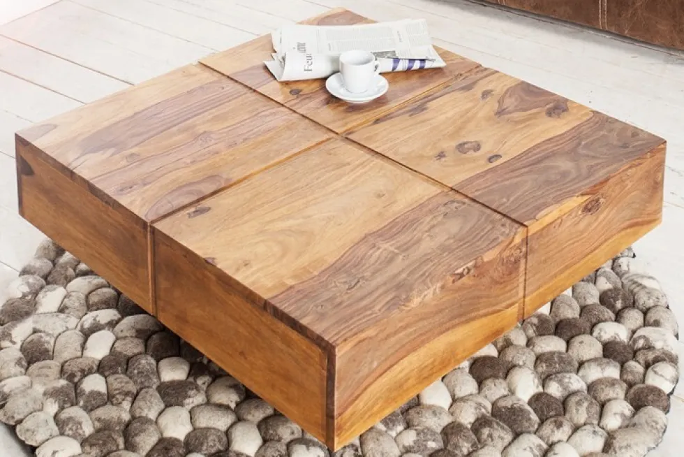 Design Massivholz Couchtisch BOLT 70cm braun Sheesham stone finish Handarbeit