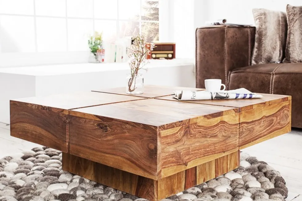 Design Massivholz Couchtisch BOLT 70cm braun Sheesham stone finish Handarbeit