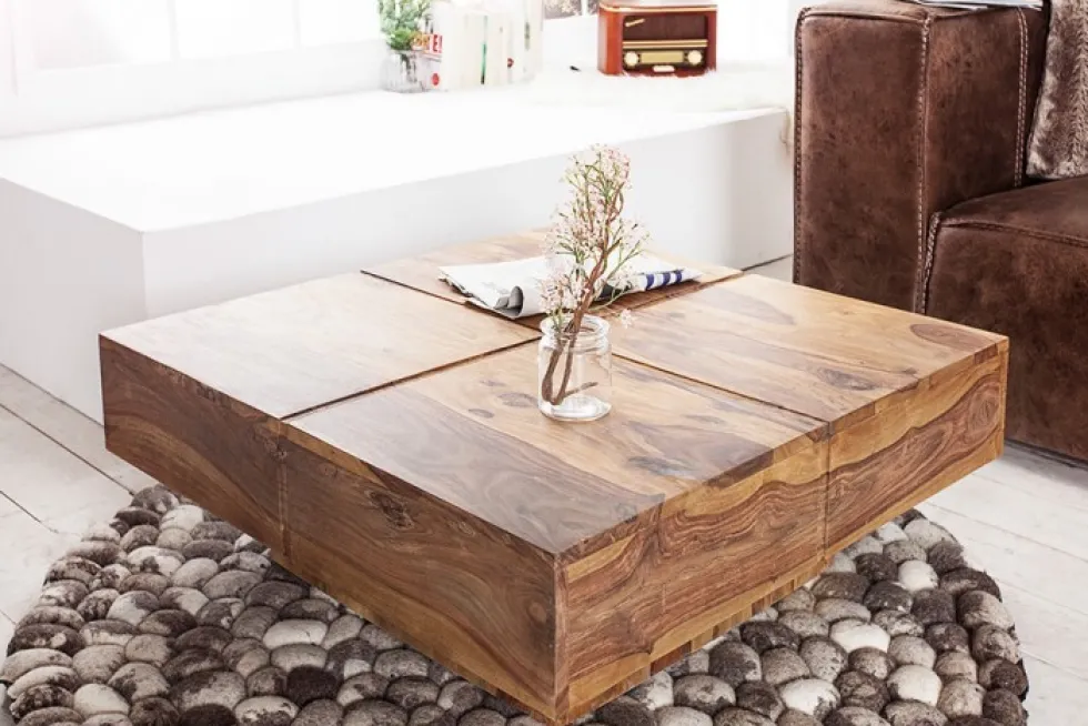Design Massivholz Couchtisch BOLT 70cm braun Sheesham stone finish Handarbeit