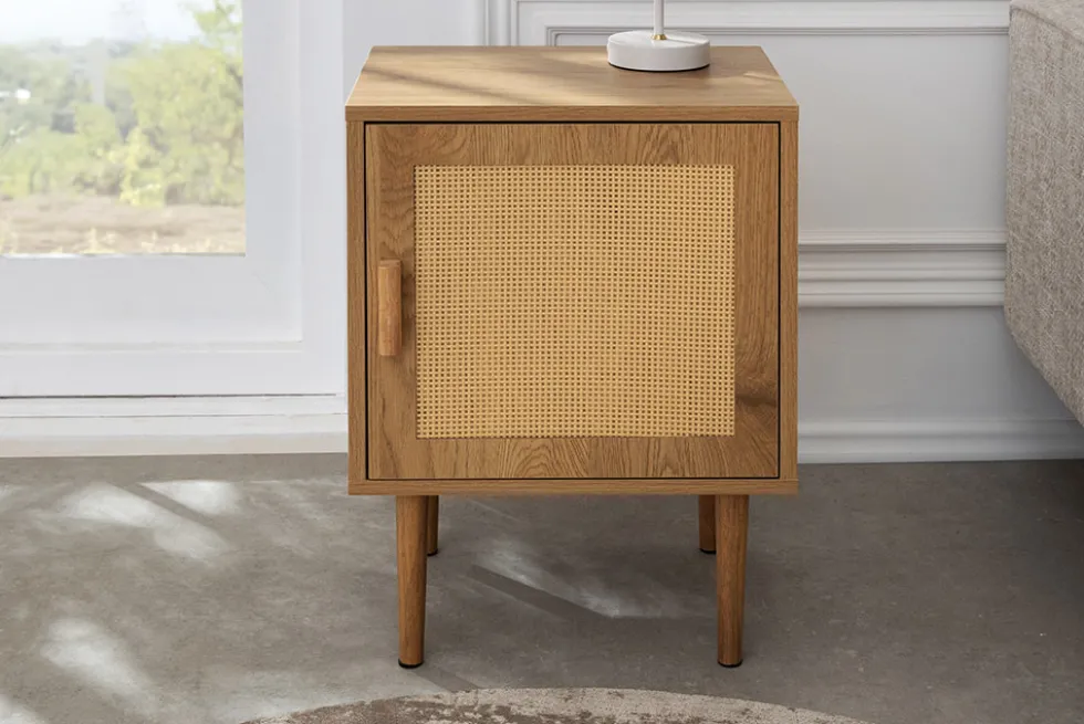 Design Nachttisch VIENNA 60cm natur Rattan Geflecht Beistelltisch mit Stauraum