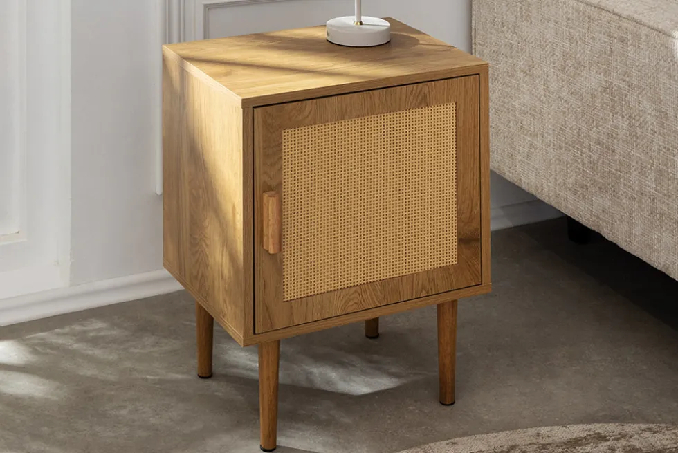 Design Nachttisch VIENNA 60cm natur Rattan Geflecht Beistelltisch mit Stauraum