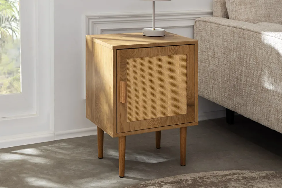 Design Nachttisch VIENNA 60cm natur Rattan Geflecht Beistelltisch mit Stauraum