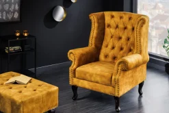 Design Ohrensessel CHESTERFIELD 85cm senfgelb Samt Knopfheftung