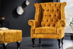 Design Ohrensessel CHESTERFIELD 85cm senfgelb Samt Knopfheftung