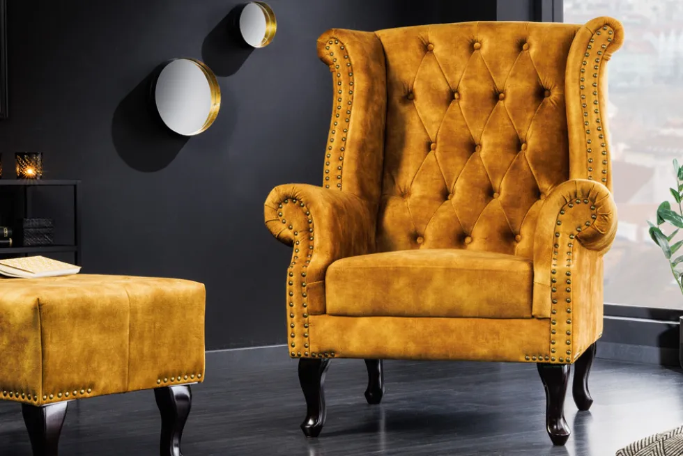 Design Ohrensessel CHESTERFIELD 85cm senfgelb Samt Knopfheftung
