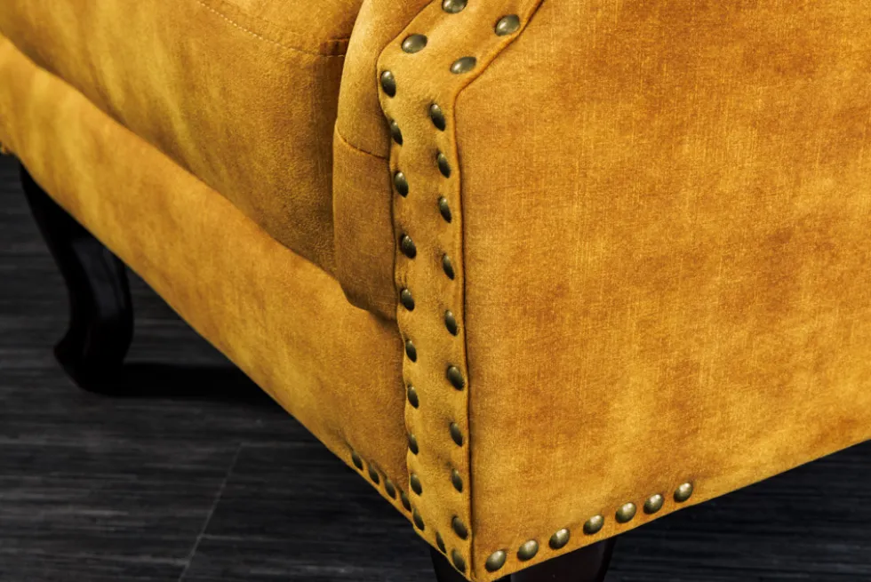 Design Ohrensessel CHESTERFIELD 85cm senfgelb Samt Knopfheftung