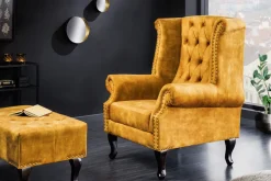 Design Ohrensessel CHESTERFIELD 85cm senfgelb Samt Knopfheftung