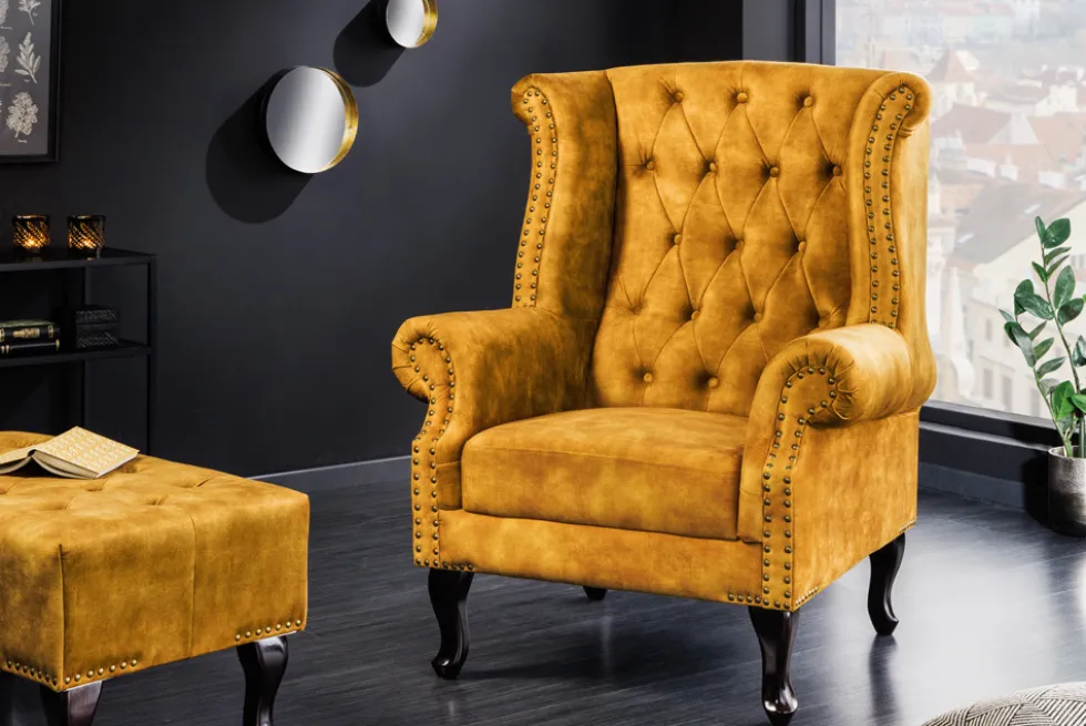 Design Ohrensessel CHESTERFIELD 85cm senfgelb Samt Knopfheftung