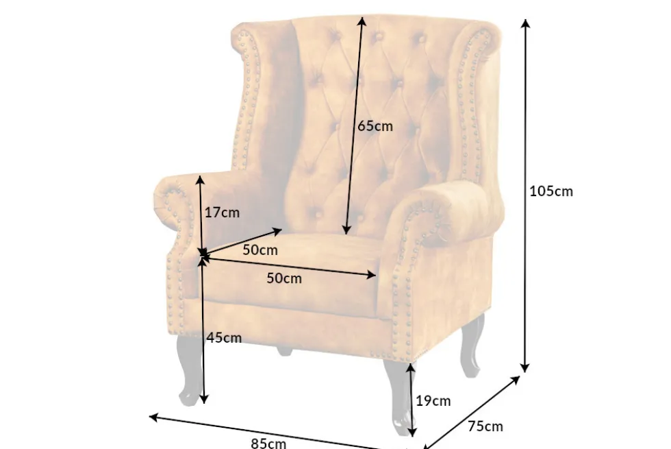 Design Ohrensessel CHESTERFIELD 85cm senfgelb Samt Knopfheftung