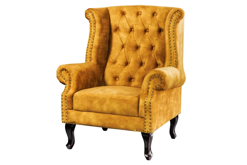 Design Ohrensessel CHESTERFIELD 85cm senfgelb Samt Knopfheftung