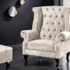 Design Ohrensessel CHESTERFIELD 105cm champagner beige Samt silber Ziernieten