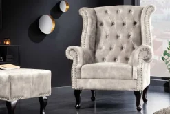 Design Ohrensessel CHESTERFIELD 105cm champagner beige Samt silber Ziernieten