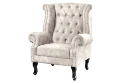 Design Ohrensessel CHESTERFIELD 105cm champagner beige Samt silber Ziernieten