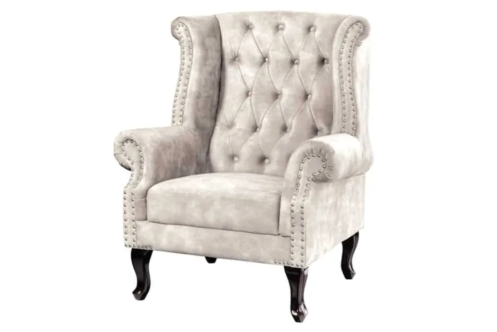 Design Ohrensessel CHESTERFIELD 105cm champagner beige Samt silber Ziernieten