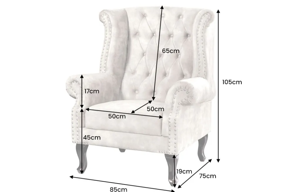 Design Ohrensessel CHESTERFIELD 105cm champagner beige Samt silber Ziernieten