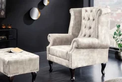 Design Ohrensessel CHESTERFIELD 105cm champagner beige Samt silber Ziernieten