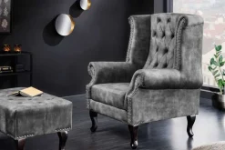 Design Ohrensessel CHESTERFIELD 105cm grau Samt silber Nieten
