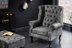 Design Ohrensessel CHESTERFIELD 105cm grau Samt silber Nieten
