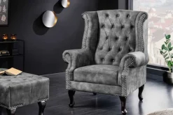 Design Ohrensessel CHESTERFIELD 105cm grau Samt silber Nieten