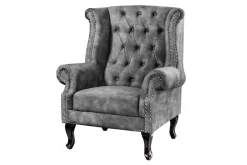 Design Ohrensessel CHESTERFIELD 105cm grau Samt silber Nieten