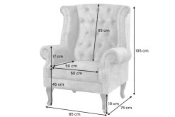 Design Ohrensessel CHESTERFIELD 105cm grau Samt silber Nieten
