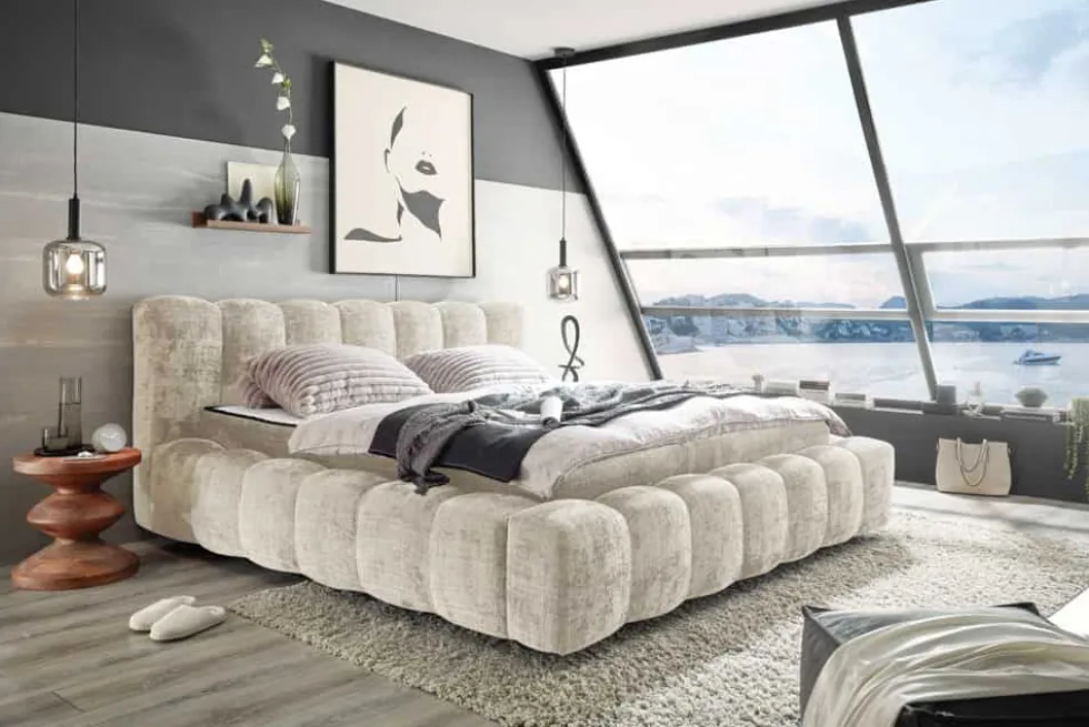 Design Polsterbett DIAMOND 180x200cm weiß Chenille Cremona inkl. Matratze Topper Lattenrost