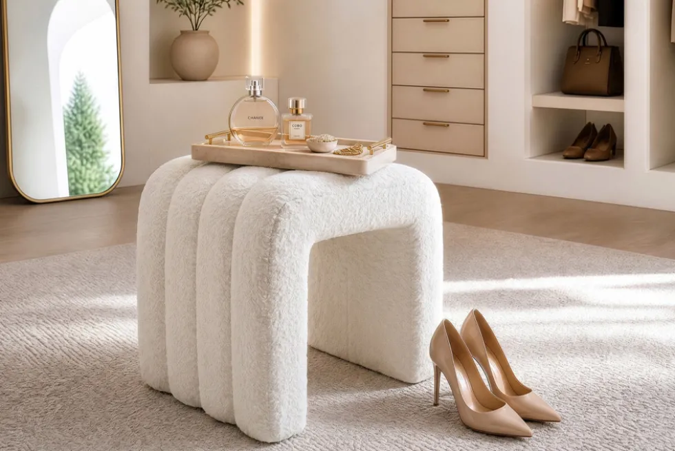 Design Polsterhocker VOGUE 40cm beige Bouclé Sitzhocker