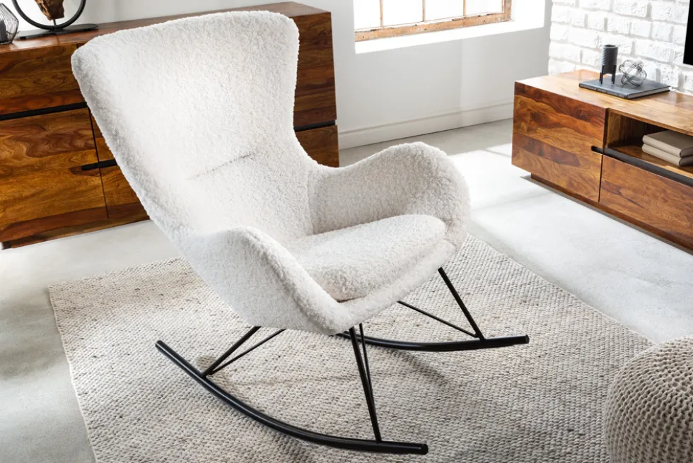 Design Schaukelstuhl SCANDINAVIA SWING weiß Bouclé Sessel schwarz Metall