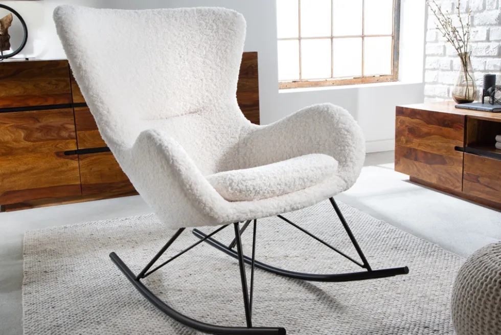 Design Schaukelstuhl SCANDINAVIA SWING weiß Bouclé Sessel schwarz Metall