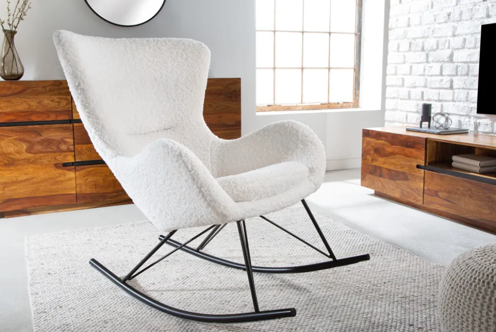 Design Schaukelstuhl SCANDINAVIA SWING weiß Bouclé Sessel schwarz Metall
