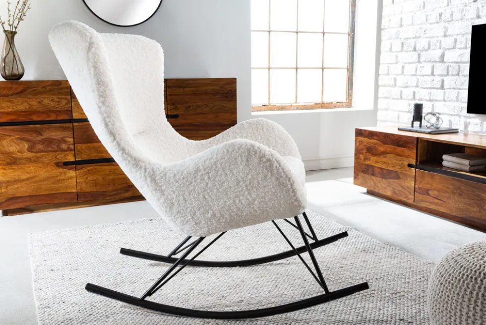 Design Schaukelstuhl SCANDINAVIA SWING weiß Bouclé Sessel schwarz Metall