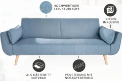 Design Schlafsofa DIVANI 220cm hellblau Strukturstoff Scandinavian 3-Sitzer mit Bettfunktion