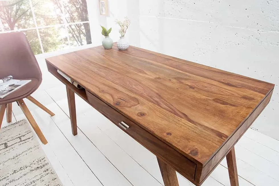 Design Schreibtisch RETRO 120cm braun Sheeshamholz stone finish Design Klassiker